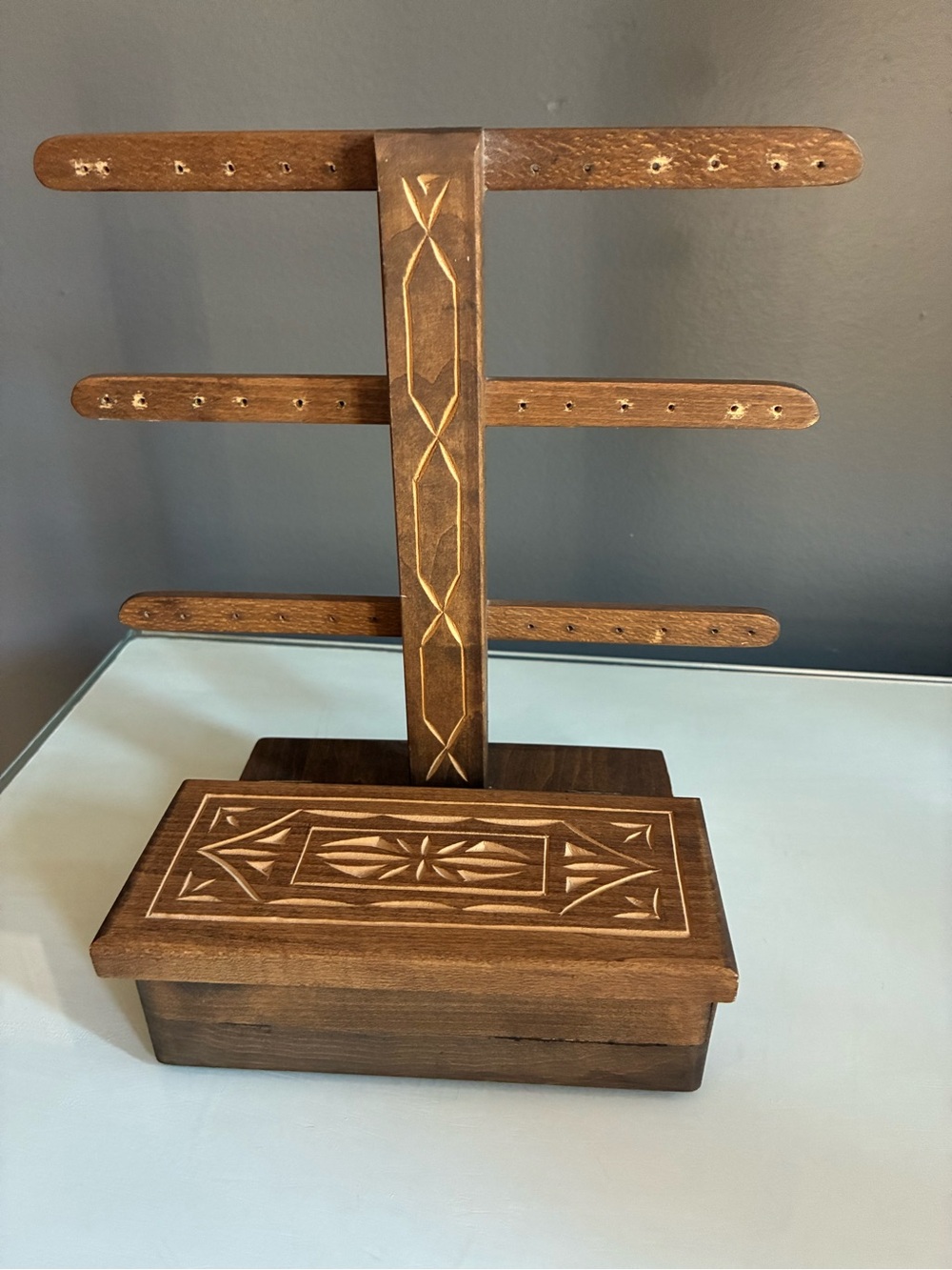 Wooden Jewelry Organizer Stand with Carved Storage Box - Brown